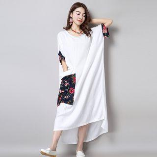 Elbow-sleeve Maxi T-shirt Dress White - M