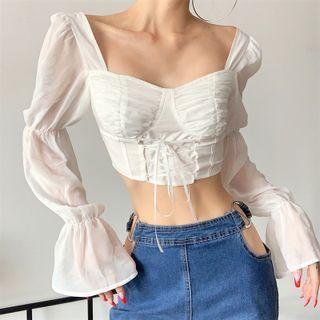 Puff-sleeve Lace-up Chiffon Blouse