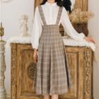 Set: Long-sleeve Mock-neck Blouse + Lace-up Plaid Midi A-line Suspender Skirt