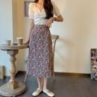 Short-sleeve Shirred Knit Top / Floral Print Midi A-line Skirt