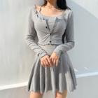 Set: Long-sleeve Buttoned Crop Top + Spaghetti Strap Mini A-line Dress