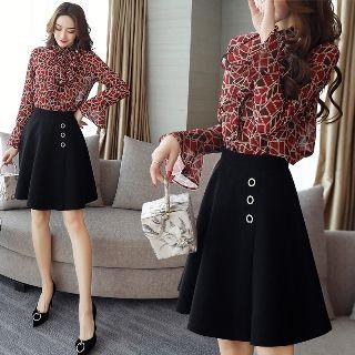 Set: Printed Blouse + Hoop Detail Skirt