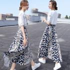 Set: Embroidered Elbow-sleeve Blouse + Floral Midi A-line Skirt