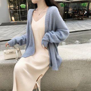 Set: Cardigan + Spaghetti Strap Knit Midi Dress
