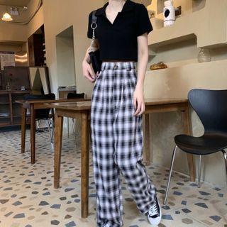 Short-sleeve Cropped Polo Shirt / Plaid Wide-leg Pants / Pleated Mini A-line Skirt
