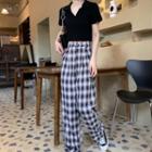 Short-sleeve Cropped Polo Shirt / Plaid Wide-leg Pants / Pleated Mini A-line Skirt