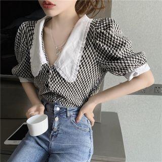 Puff-sleeve Collared Plaid Top
