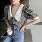 Puff-sleeve Collared Plaid Top