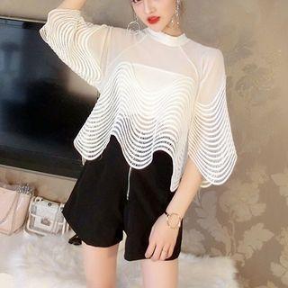 Mock-neck Elbow-sleeve Mesh Blouse