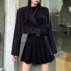 Double-breasted Cropped Blazer / Chain Brooch / Mini Pleated Skirt / Set