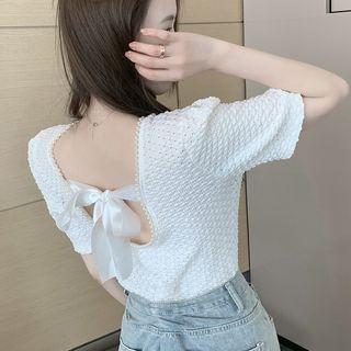 Puff-sleeve Lace Trim Open-back Blouse