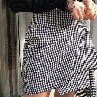 Draped Gingham Wool Blend Miniskirt