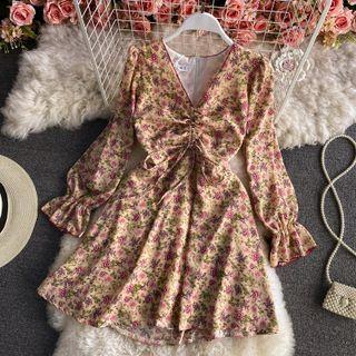 V Neck Long Sleeve Floral Chiffon Dress