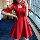 Elbow-sleeve Heart Cutout A-line Mini Dress