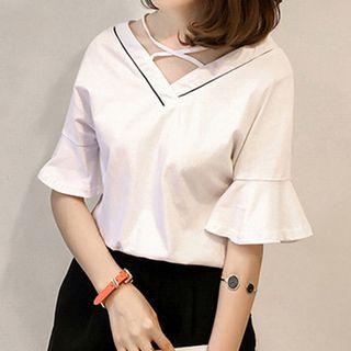 Plain V-neck Bell-sleeve Top