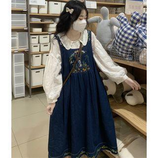 Puff-sleeve Blouse / Floral Embroidered Denim Midi Overall Dress