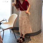 Set: Short-sleeve Cardigan + Floral Print A-line Midi Skirt