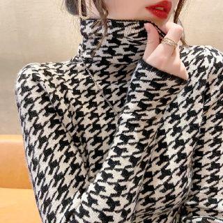 Turtleneck Houndstooth Knit Top Black - One Size
