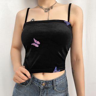 Butterfly Embroidered Cropped Velvet Camisole Top