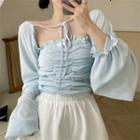 Ruffle Trim Ruched Tube Top / Long-sleeve Tie-strap Shrug