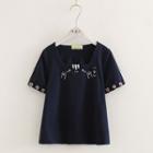 Short-sleeve Cat Embroidery T-shirt Navy Blue - One Size