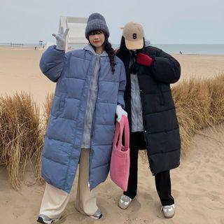 Mock Two-piece Long Hooded Padded Zip Coat