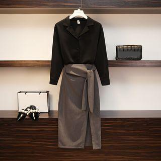 Set: Long-sleeve Shirt + Midi Slit Sheath Skirt