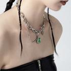 Rhinestone Drop Pendant Necklace Green & Silver - One Size