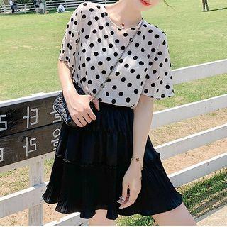 Set: Short-sleeve Dotted T-shirt + Mini A-line Skirt