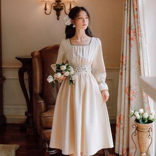 Long-sleeve Square-neck Floral Embroidered Midi A-line Dress