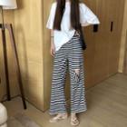 Plain Loose-fit Short-sleeve T-shirt / Distressed Stripe Pants