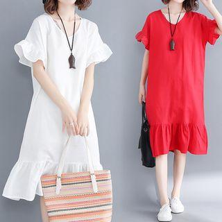 Ruffle Trim Short-sleeve A-line Midi Dress