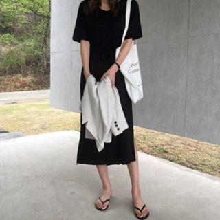 V-neck Short-sleeve Knit Long Dress With Sash