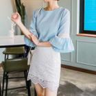 3/4-sleeve Frill-cuff Lace-trim Top