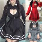Long-sleeve Collared Open Front A-line Mini Dress
