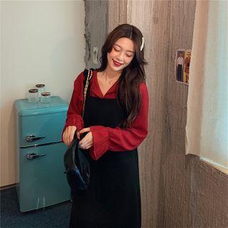 Collared Bell-sleeve Blouse / Midi A-line Overall Dress