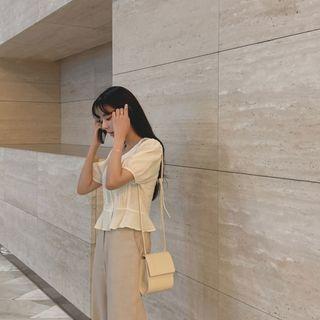 Collared Pintuck Peplum Blouse Beige - One Size