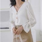 Faux Pearl Button Tie-cuff Blouse