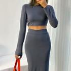 Long-sleeve Cropped Mock-neck Top
