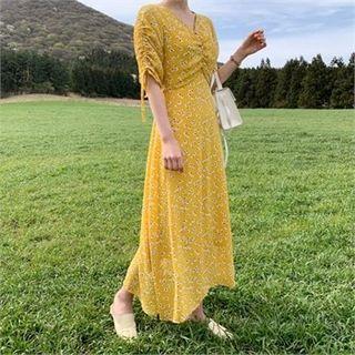 V-neck Shirred-detail Floral Print Dress Yellow - One Size