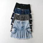 Ruffle Trim Denim Pleated Mini A-line Skirt