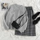 Cable Knit Sweater / Plaid Midi A-line Skirt