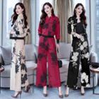 Set: Stand Collar Floral Jacket + Wide-leg Pants