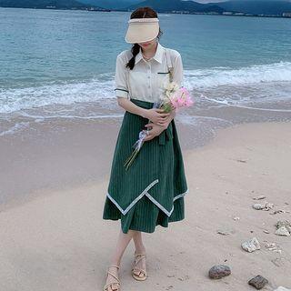 Short-sleeve Mock Two-piece Lace Trim Midi A-line Dress