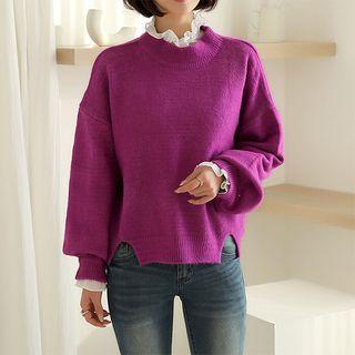 Balloon-sleeve Slit-hem Boxy Sweater