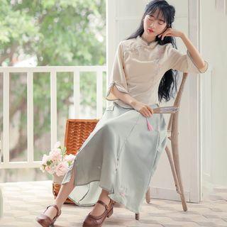 Set: Flower Embroidered Chinese Traditional Blouse + Midi A-line Skirt