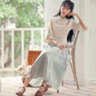 Set: Flower Embroidered Chinese Traditional Blouse + Midi A-line Skirt