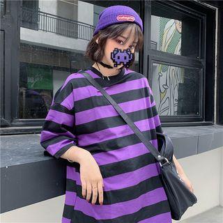 Elbow-sleeve Striped T-shirt Purple - One Size