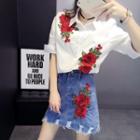 Set: Flower Applique Elbow Sleeve Shirt + Denim A-line Skirt