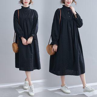Stand Collar Plain Midi A-line Dress